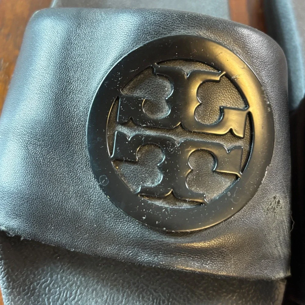 Tory Burch Miller Cloud Black Leather Logo Slide Sandals Womens Size 9